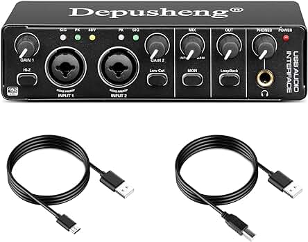 Interfaz de audio USB Depusheng RX2: grabación de estudio para guitarra y micrófono de condensador.