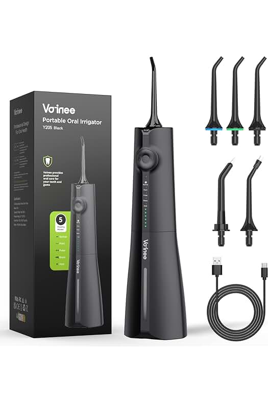Irrigador bucal portátil recargable con 5 boquillas y 5 modos de limpieza.