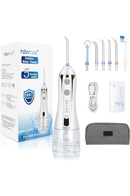 Irrigador Dental Portátil: h2ofloss con 6 Boquillas, 5 Modos y 300ml, Recargable USB, Impermeable IPX7