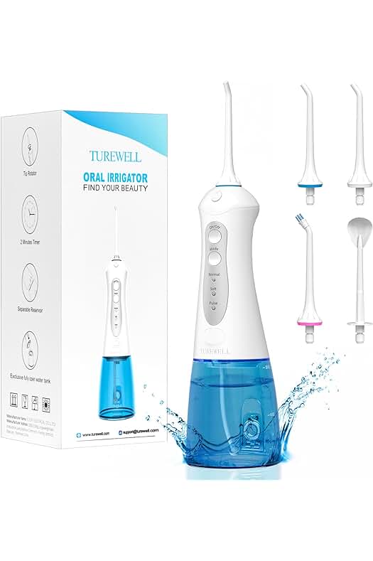Irrigador dental portátil recargable con 4 boquillas y 3 modos de limpieza.