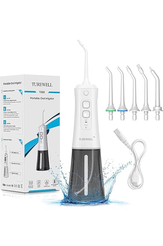 Irrigador Dental TUREWELL: Potente limpieza bucal con 5 boquillas multifuncionales (Blanco, Aprobado por la FDA/CE).