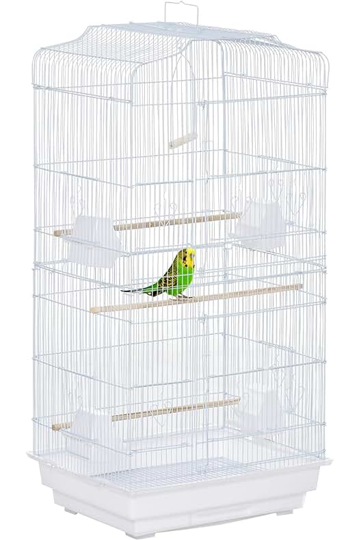 Jaula para pájaros de metal con puertas, comederos, perchas, bandeja extraíble y asa de transporte.