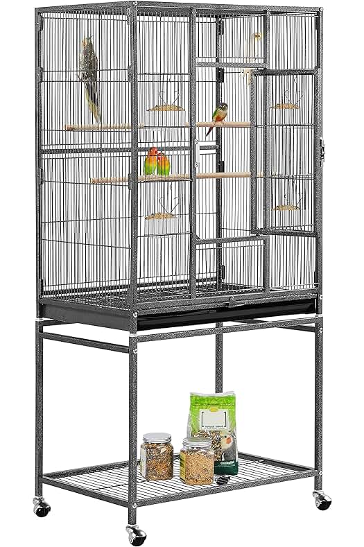Jaula para pájaros: Jaula grande y resistente con soporte y ruedas para loros y mascotas.