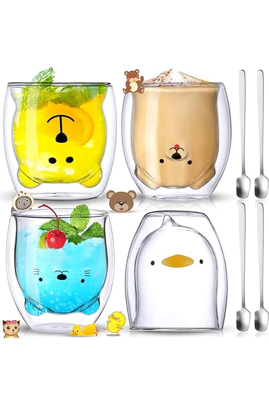 Juego de 4 Tazas de Café Oso, Vasos de Café de Cristal Aislado - Regalo Perfecto