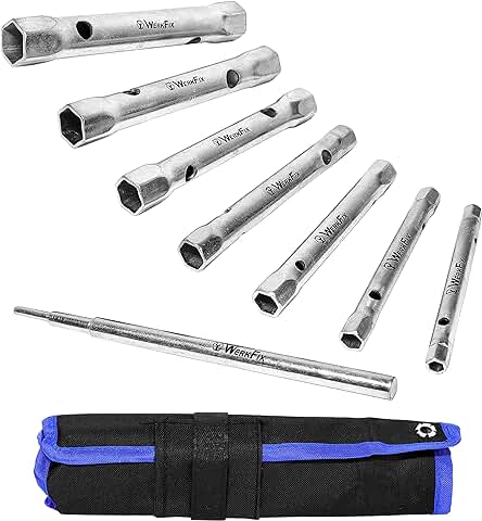 Juego de 7 llaves de tubo S&R WERKFIX con barra y bolsillo.