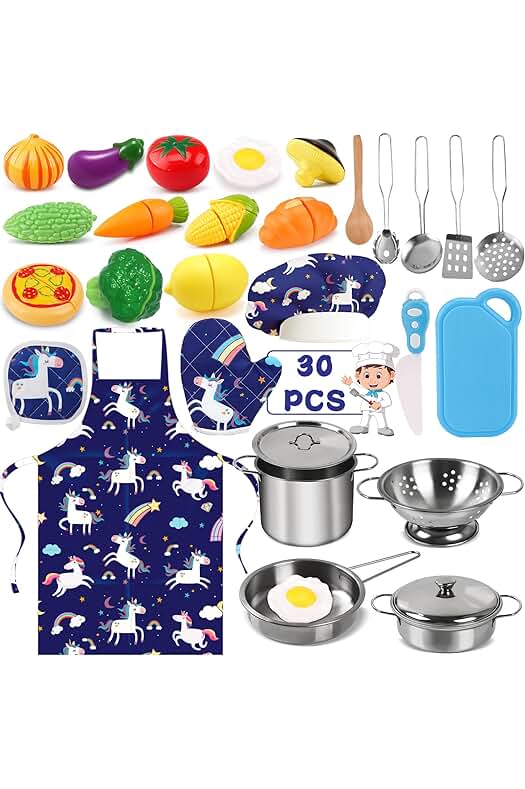 Juego de Cocina Culinario para Niños: Accesorios de Chef con Vegetales, Delantal y Gorro