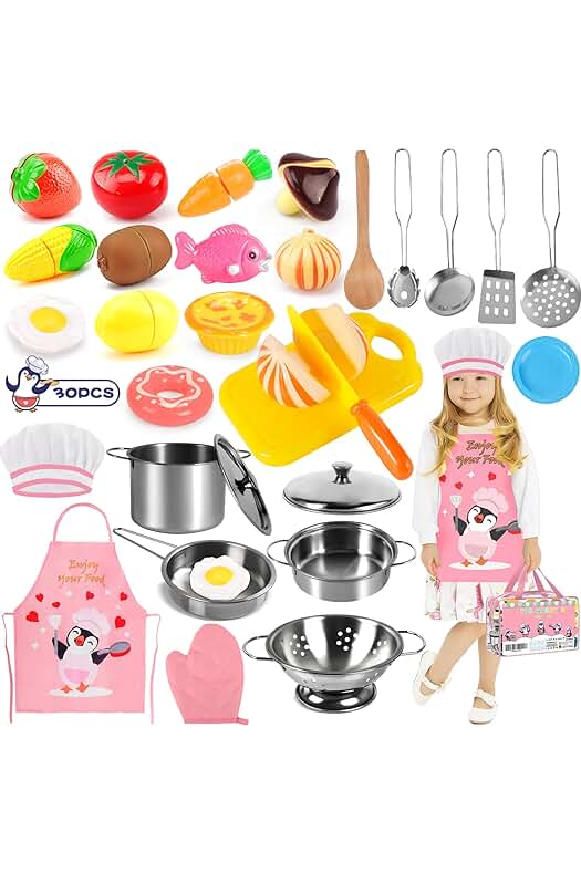 Juego de Cocina para Niños: 30 Piezas de Accesorios de Chef con Frutas y Verduras para Cortar.