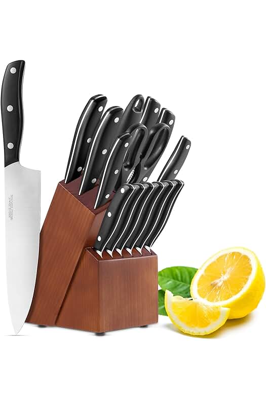 Juego de Cuchillos de Cocina Profesionales con Afilador, Tijeras y Bloque de Madera - 15 Piezas