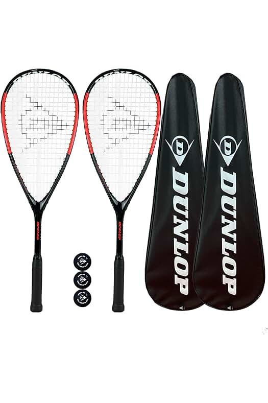 Juego de raquetas de squash Dunlop Nanomax Lite Ti con fundas y pelotas de squash.