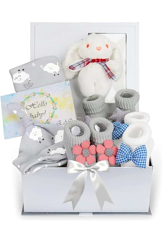 Juego de Regalo para Bebés Recién Nacidos con Envoltura, Sombrero, Calcetines y Juguete de Conejo