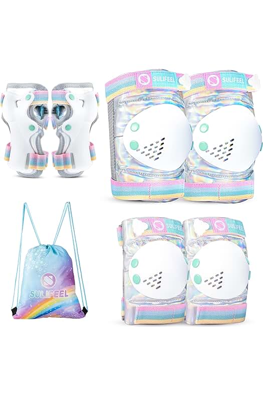 Juego de rodilleras de unicornio arco iris para niños, equipo de protección para patinaje.