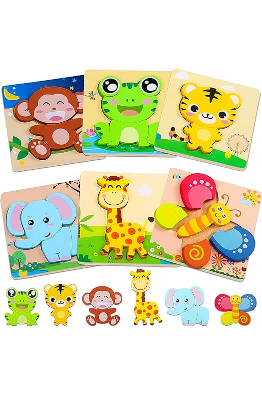 Juego de rompecabezas de madera 3D para niños con animales coloridos y apilables.