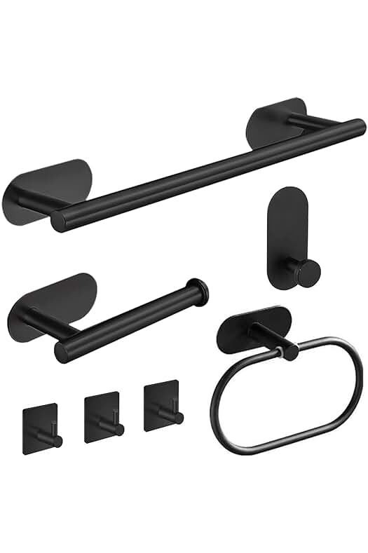 Juego de Toalleros de Baño sin Taladro, 7 Piezas de Acero Inoxidable Negro