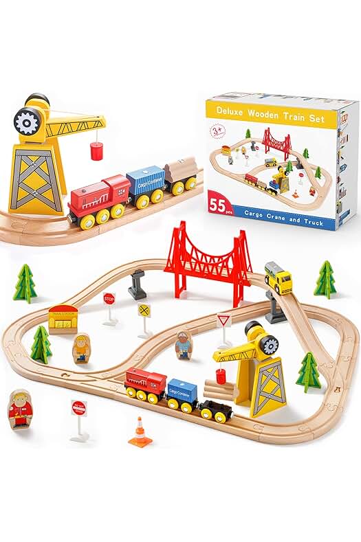 Juego de Trenes de grúa de Tiny Land, 55 Piezas, Pistas de Madera y grúa Exclusiva