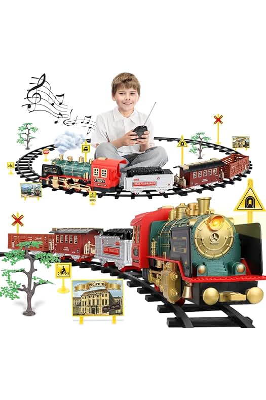 Juego de trenes de vapor con control remoto, luces, sonidos y pistas de carga.