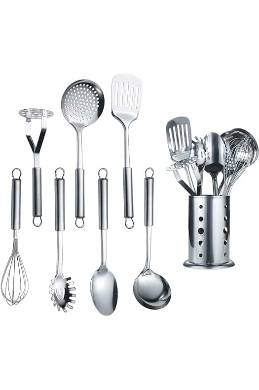 Juego de utensilios de cocina de acero inoxidable de 7 piezas con soporte