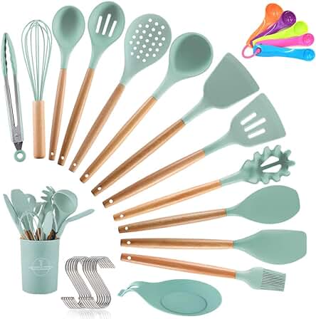 Juego de Utensilios de Cocina de Silicona Antiadherente, 14 Piezas con Mango de Madera