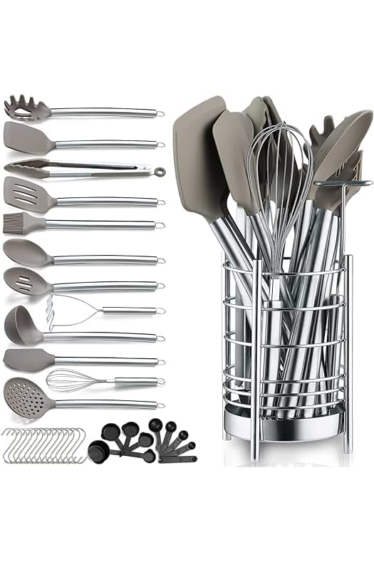 Juego de Utensilios de Cocina de Silicona Antiadherente con Soporte de Acero Inoxidable.