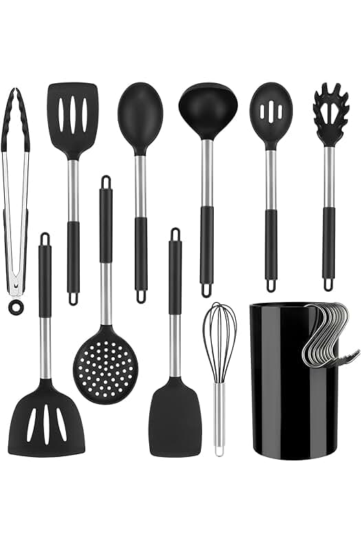 Juego de utensilios de cocina de silicona antiadherente YMERSEN, 12 piezas (Negro)