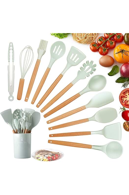 Juego de Utensilios de Cocina de Silicona Antiadherentes y Resistentes al Calor con Mango de Madera