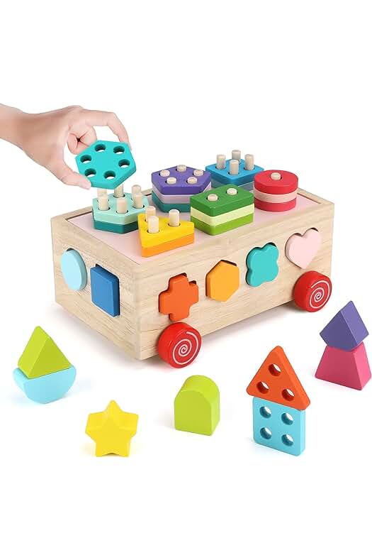 Juguete de madera para bebés: Cubo educativo de actividades y encaje.