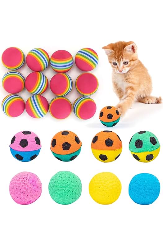 Juguetes interactivos para gatos: Paquete de 20 bolas arcoíris sin ruido para jugar y masticar.