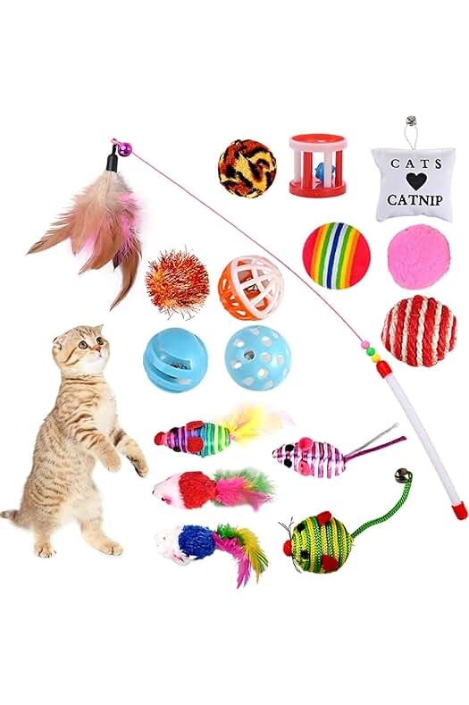 Juguetes para gatos: 16 piezas de diversión interactiva con plumas, ratones y bolas.