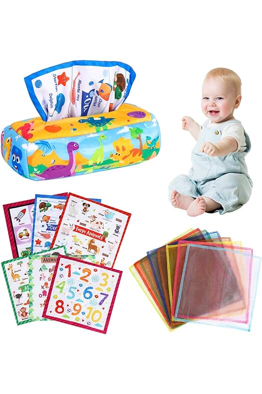 Juguetes Sensoriales para Bebés: Caja de Pañuelos Montessori para Aprendizaje y Exploración.