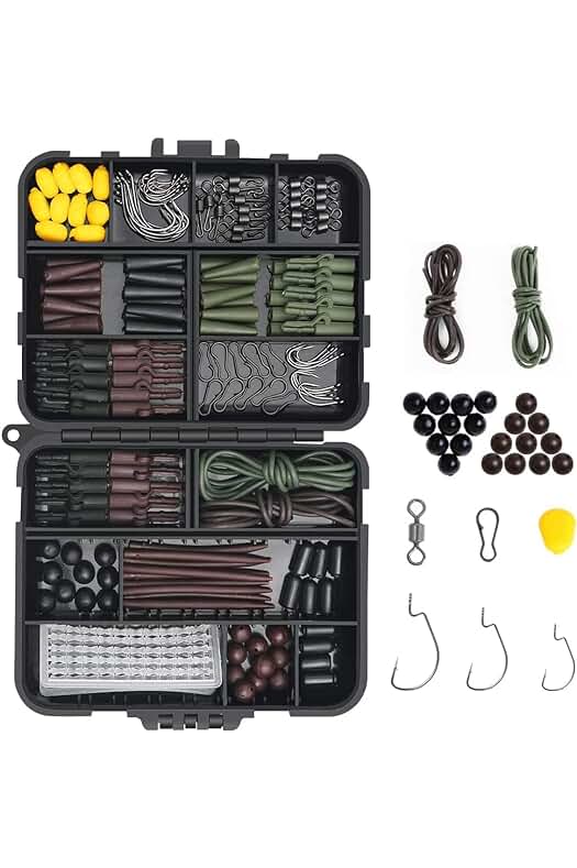 Kit completo de anzuelos de pesca con accesorios y caja de almacenamiento.