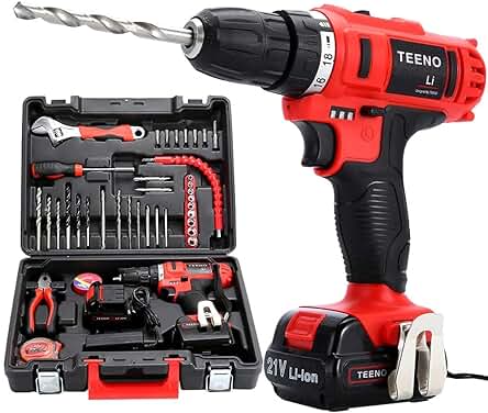 Kit completo de Taladro Atornillador TEENO 21V con 41Pcs y 2 baterías de litio