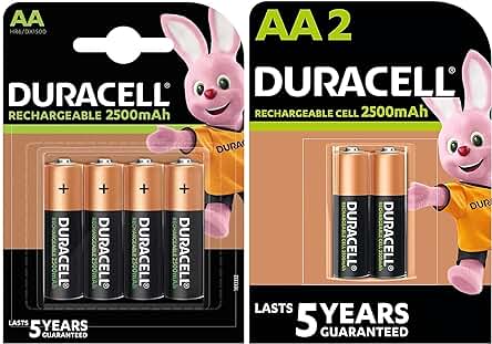Kit de 6 pilas AA recargables Duracell de alta capacidad, ideal para dispositivos electrónicos.