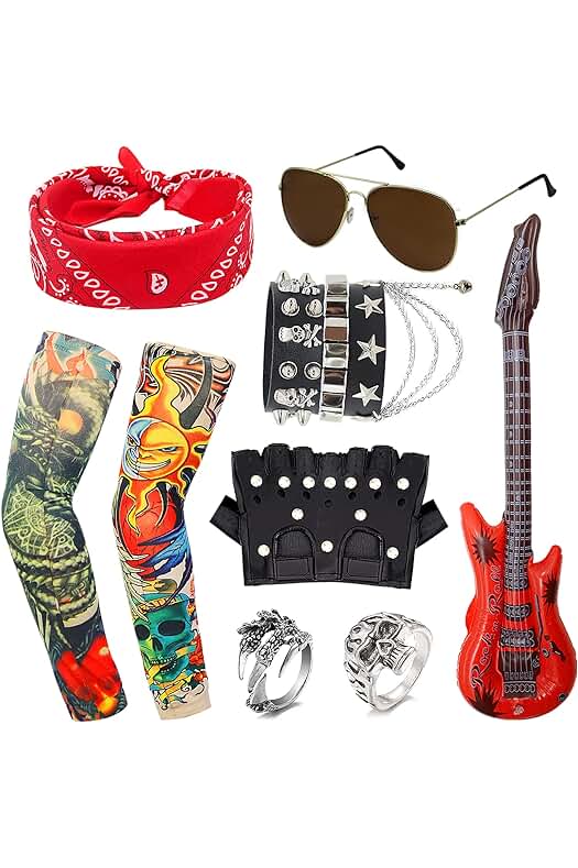 Kit de Accesorios de Rock: 11 Piezas para Disfraces de Fiesta de los 70, 80 y 90.