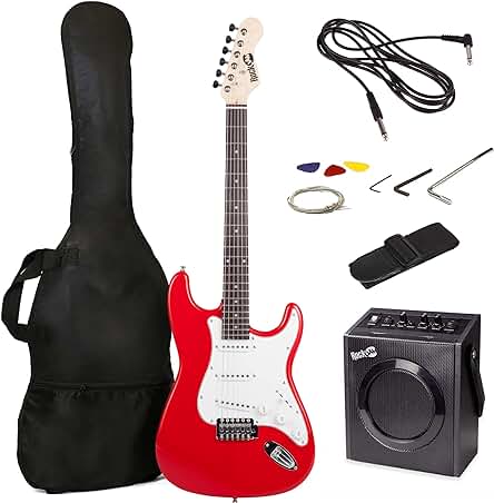 Kit de guitarra eléctrica RockJam de tamaño completo con accesorios, color rojo