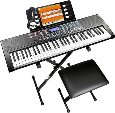 Kit de piano de teclado RockJam 61 con accesorios y lecciones, color negro.