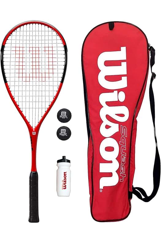 Kit de squash Wilson para principiantes: raqueta, bolas, botella de agua y bolsa.