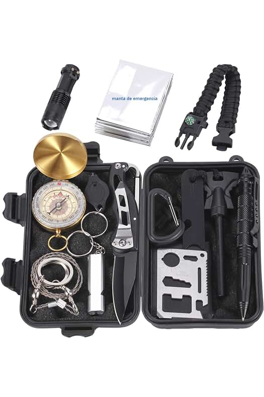 Kit de supervivencia completo para aventuras al aire libre y situaciones de emergencia.
