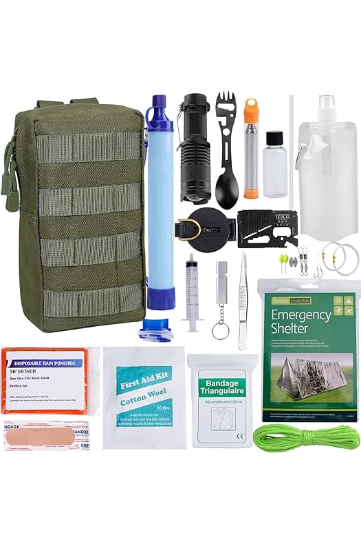 Kit de Supervivencia Emergencia 60 en 1: Herramientas de Primeros Auxilios, Filtro de Agua y Tienda