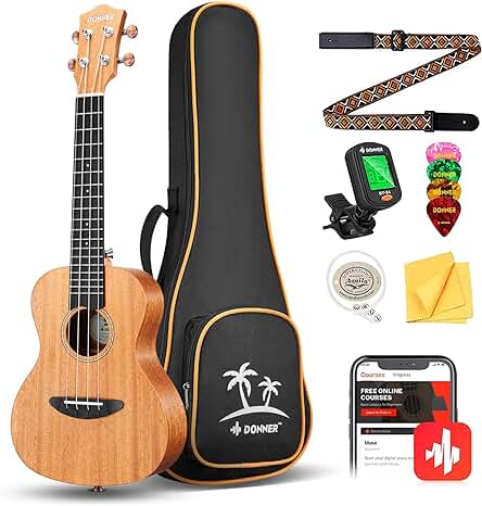 Kit de Ukelele Donner para principiantes adultos con afinador, cuerdas y correa incluidos.