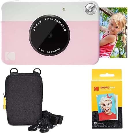 Kit esencial KODAK: Cámara instantánea Printomatic (Rosado) + Papel Zink (20 Hojas) + Funda cómoda.
