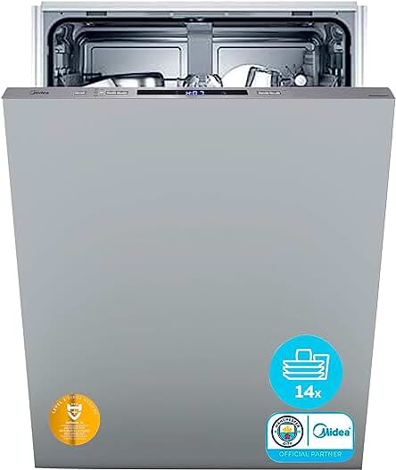 Lavavajillas integrable Midea de acero inoxidable con 8 programas de lavado y función de apertura automática.