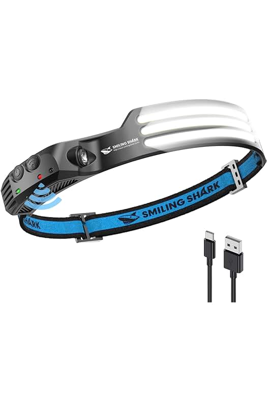 Linterna frontal LED recargable con sensor de movimiento, perfecta para camping y ciclismo.