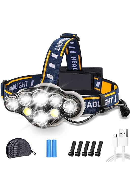 Linterna Frontal LED Recargable de Alta Potencia con 8 Modos y Luz de Advertencia Roja