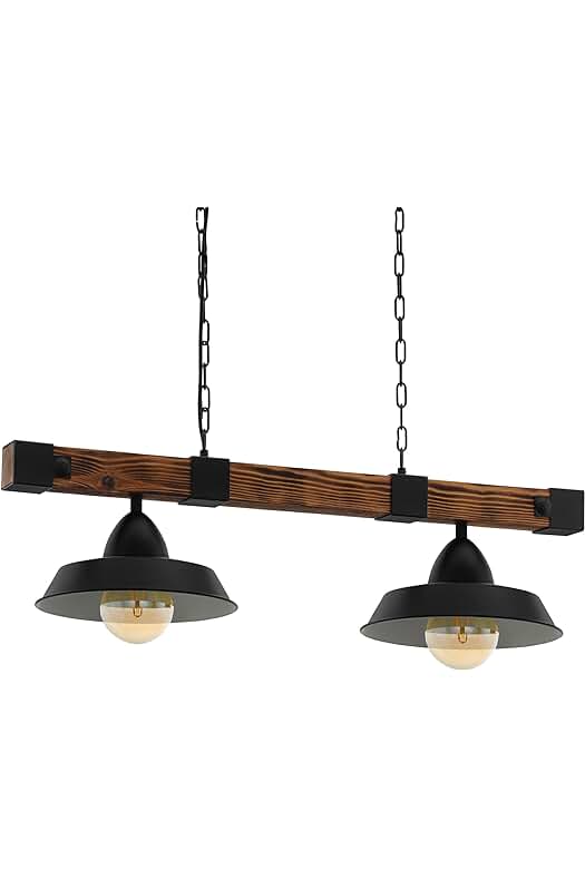 Lámpara colgante industrial EGLO OLDBURY, estilo vintage, 2 bombillas, acero y madera, negro/marrón rústico, E27, 86 cm.