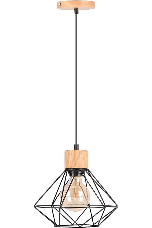 Lámpara colgante retro de estilo vintage en madera y hierro, perfecta para iluminar interiores.