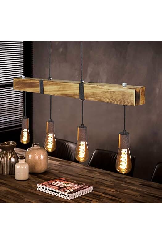 Lámpara colgante vintage de madera clara con vigas de madera, regulable en altura.