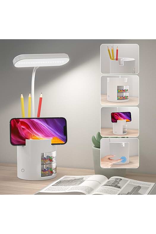 Lámpara de escritorio LED con ajuste de brillo, panel táctil y cuidado ocular.