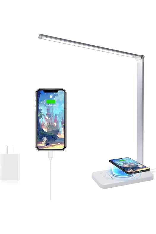 Lámpara de escritorio LED con carga inalámbrica y control táctil ajustable.