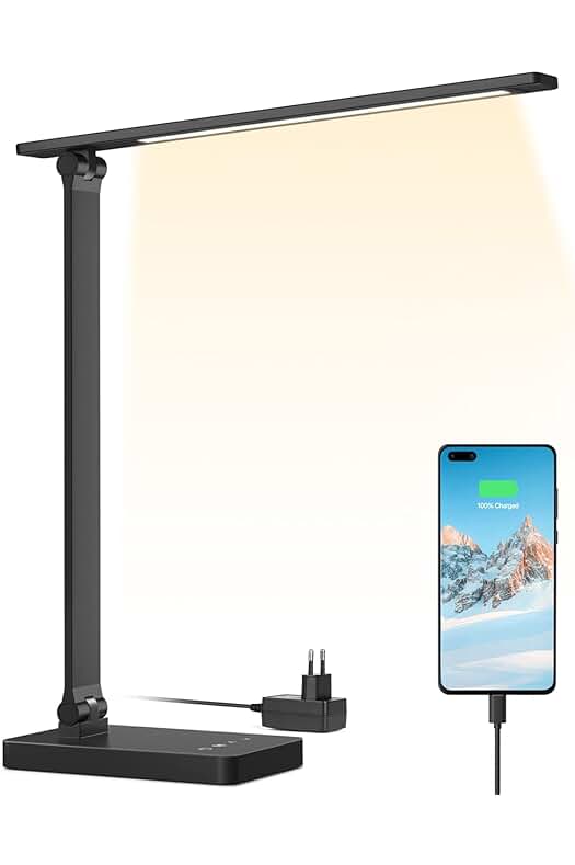Lámpara de escritorio LED con carga USB, regulable y cuidado de ojos - Negro.