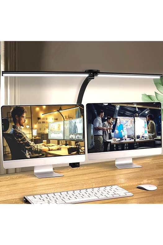 Lámpara de escritorio LED con doble cabezal y abrazadera, ideal para trabajo y estudio.