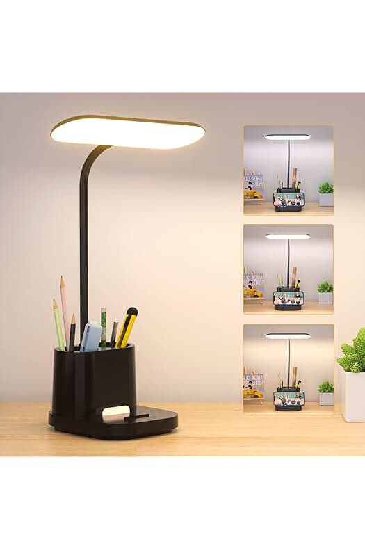 Lámpara de escritorio LED con luz nocturna y carga USB, regulable y protección ocular.